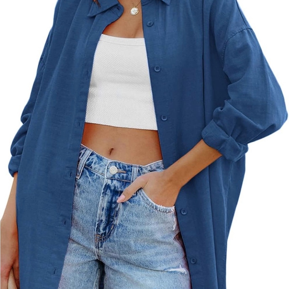 Amazon Women's Blue Button-Down Long Shirt